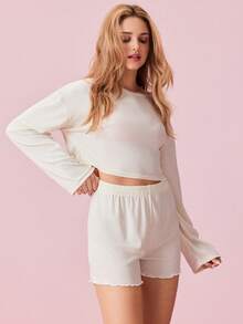 Bonmuse 女士针织混纺长袖上衣和短裤两件套家居服，柔软弹力睡衣，舒适保暖，秋冬服装 - 米色 - 查看 6