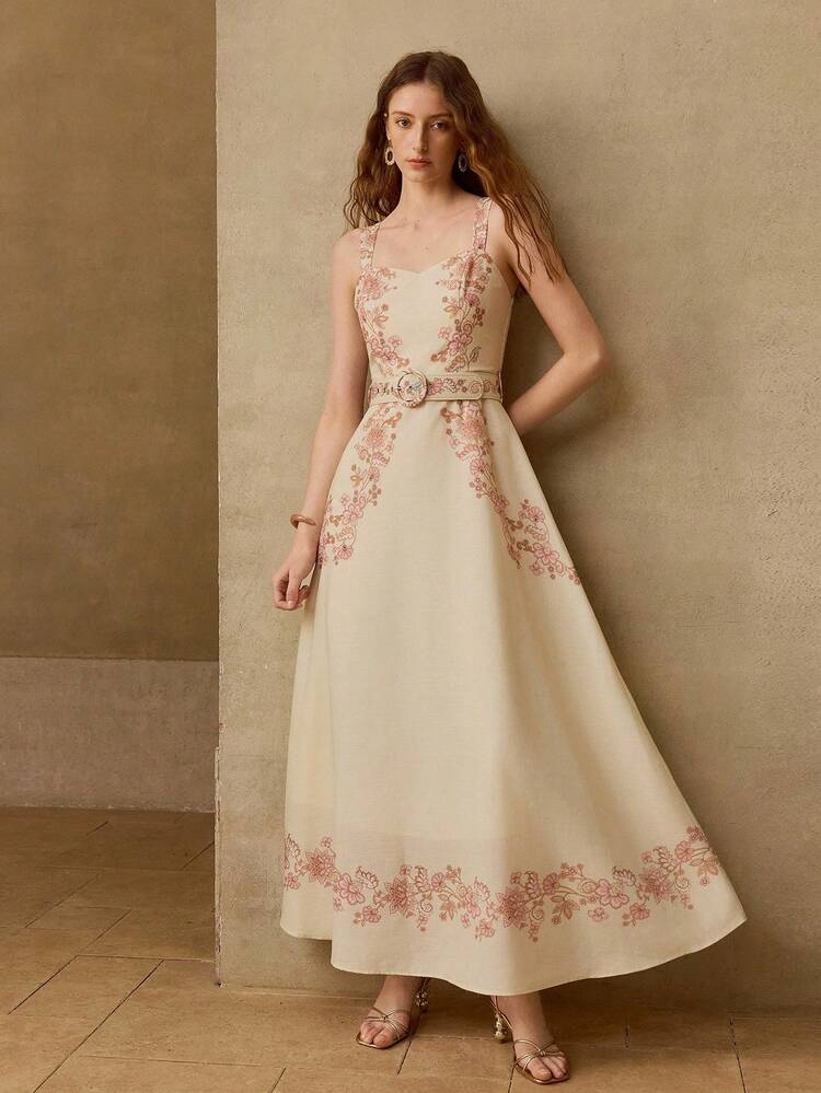 WOMEN'S ROMANTIC ELEGANT EMBROIDERED LINEN DRESS WITH A-LINE SILHOUETTE