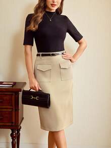 Vintamour Vintage Classic Elegant Women's Skirt, Spring/Summer Fitted Pocket Waist Tie Midi Pencil Skirt - Khaki - View 1