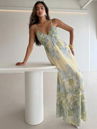 Aloruh Women's New Floral Print Apricot Color Spaghetti Strap Dress/Vacation Dress/Summer Dress Womens Summer Dresses Womens Maxi Dress Womens Sundresses