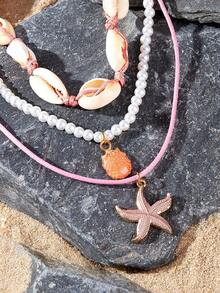 Opalesca 3pcs/Set Pink Starfish & Shell Pendant Beaded Necklace, Beachy Vacation Style Women's Jewelry - Pink - View 3