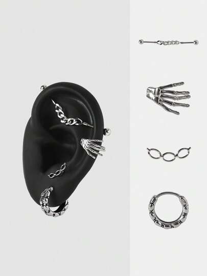 MortiRose 4 PIEZAS Pendientes de estilo gótico, pendientes de cartílago punk, pendientes industriales con diseño de calavera y mano, para perforación de hélix, trago, joyería corporal, gótico/punk/grunge/gótico oscuro, ropa de calle, verano/festival/baile de graduación/fiesta, vintage, acero inoxidable, hipoalergénico, perforación