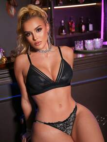 浪漫蕾丝网眼拼接女士文胸 - 黑色 - 查看 4