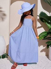 Tween Girl Fashion Resort Pink Spaghetti Strap A-Line Dress - Blue - View 6