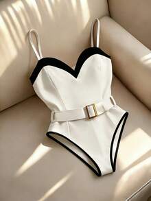 1 pieza Body de mujer con escote en forma de corazón, incluye cinturón de cintura de metal, minimalista y versátil, body blanco de una sola pieza, adecuado para un estilo intelectua - Blanco y Negro - Ver 4