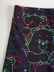 SHEIN X Care Bears 女士卡通印花弹力腰带打底裤 - 黑色 - 查看 3