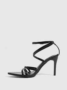 CUCCOO SZL Giày nữ mùa hè mới, mũi nhọn, quai chéo kiểu La Mã, da bóng màu đen, gợi cảm, thích hợp dự tiệc. - màu đen - Xem 4