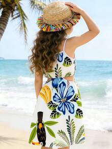 少女热带印花露脐吊带连衣裙，休闲度假风 - 彩色 - 查看 2
