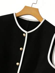 GlowEve Elegant Round Neck Contrast Color Pocket Button Decor Vest Waistcoat Women Thin Blazer - Black - View 6