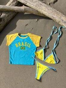 INAWLY Conjunto de camiseta casual de vacaciones para mujer con bloqueo de color y bordado de letras, y bikini con recorte de bloqueo de color - Multicolor - Ver 3