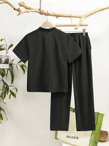 SHEIN Little Byeori 2pcs/Set Tween BoyLoose Casual Stand Collar Woven Solid Color Short Sleeve Shirt And Pants Set - Black - View 2