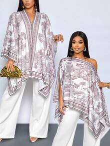 SOLERSUN Women's Summer White Tropical Holiday Blouse,Elegant Multi-Way Asymmetrical Neck Batwing Sleeve Shirt,Vintage Print Wedding Guest Cape Shawl Tops - Coffee Brown - View 1