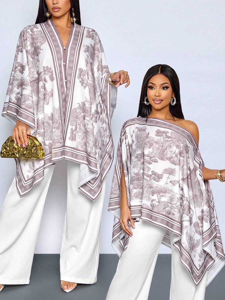 SOLERSUN Women's Summer White Tropical Holiday Blouse,Elegant Multi-Way Asymmetrical Neck Batwing Sleeve Shirt,Vintage Print Wedding Guest Cape Shawl Tops - Coffee Brown - View 1