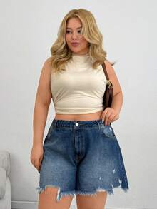 SHEIN Cottnline Denim Mini Short High Waist Plus Size Washed Blue - Medium Wash - View 3