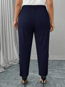 Reflora Plus Size Women Elegant Commuter Solid Color Lace Patchwork Pants - Navy Blue - View 2