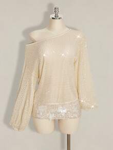 SHEIN ICON Y2K 女士沙滩度假外出 Coachella 俱乐部沙滩装串珠宽松镂空长袖衬衫，夏季 - 杏色 - 查看 1