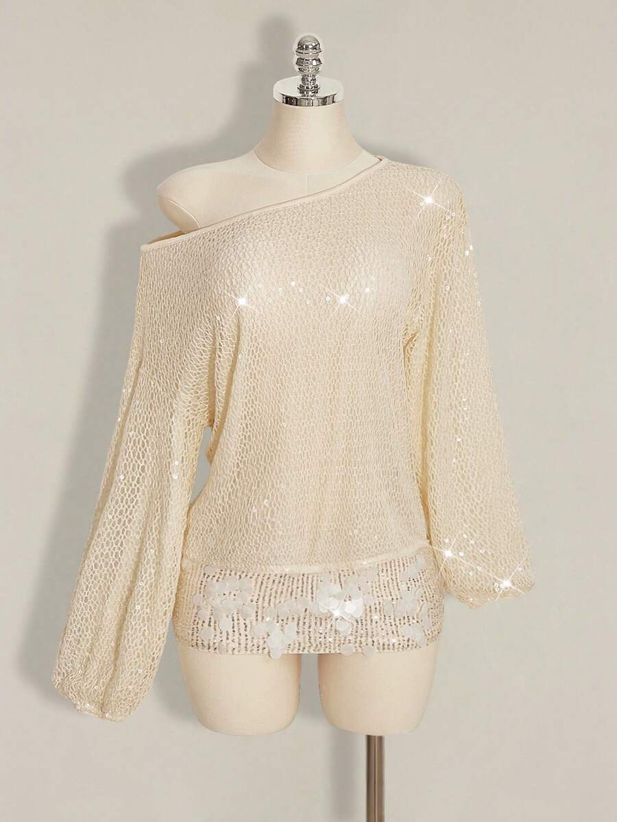 SHEIN ICON Y2K 女士沙滩度假外出 Coachella 俱乐部沙滩装串珠宽松镂空长袖衬衫，夏季 - 杏色 - 查看 1