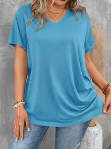 SHEIN LUNE Plus Size Women's Solid V-Neck Casual Versatile Daily Wear Short Sleeve T-Shirt - Mint Blue - View 4