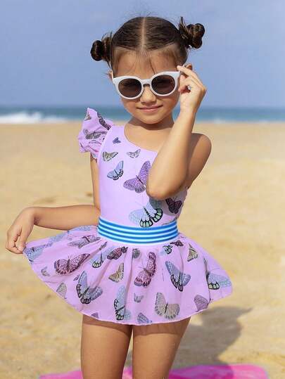 SHEIN Bộ áo liền quần in hình bướm, viền bèo nhún, gồm áo khoác ngoài và chân váy ngắn, thích hợp cho bé gái đi biển.
