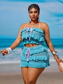 Maweii Bộ đồ nữ cỡ lớn, kiểu dáng thường ngày, ngọt ngào, dễ thương, lãng mạn, gợi cảm, thích hợp cho tiệc bãi biển, dã ngoại, cổ yếm, lưng hở, thắt nơ, xếp tầng, áo crop top và quần short cạp chun, màu xanh dương. - Nhiều màu - Xem 4