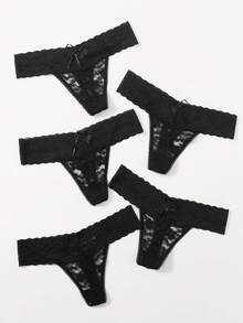 Seduluxe 5pack Scallop Trim Lace Thong Set, Sexy Lingerie - Black - View 5