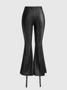 ROMWE Avant Quần skinny ống loe phối lưới, cạp siêu thấp dành cho nữ, chất liệu giả da. - màu đen - Xem 4