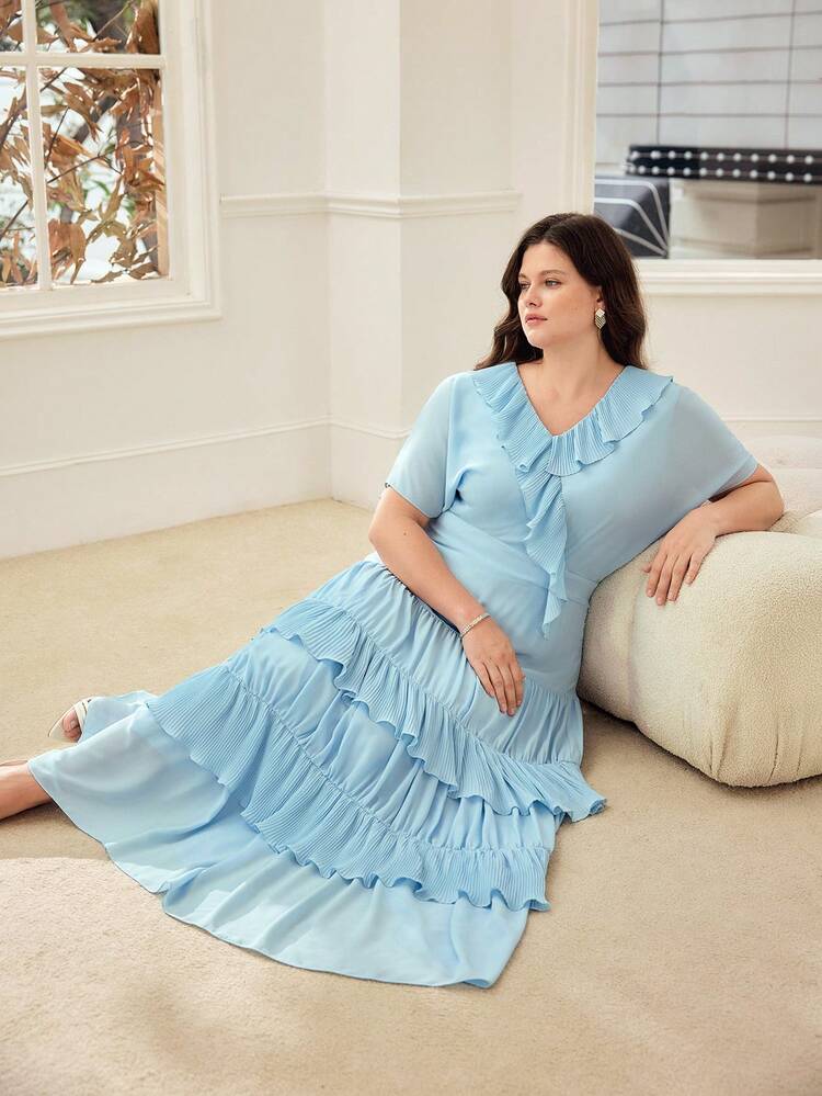 PLUS SIZE WOMEN'S ROMANTIC RUFFLE HEM DRESS, SPRING/SUMMER