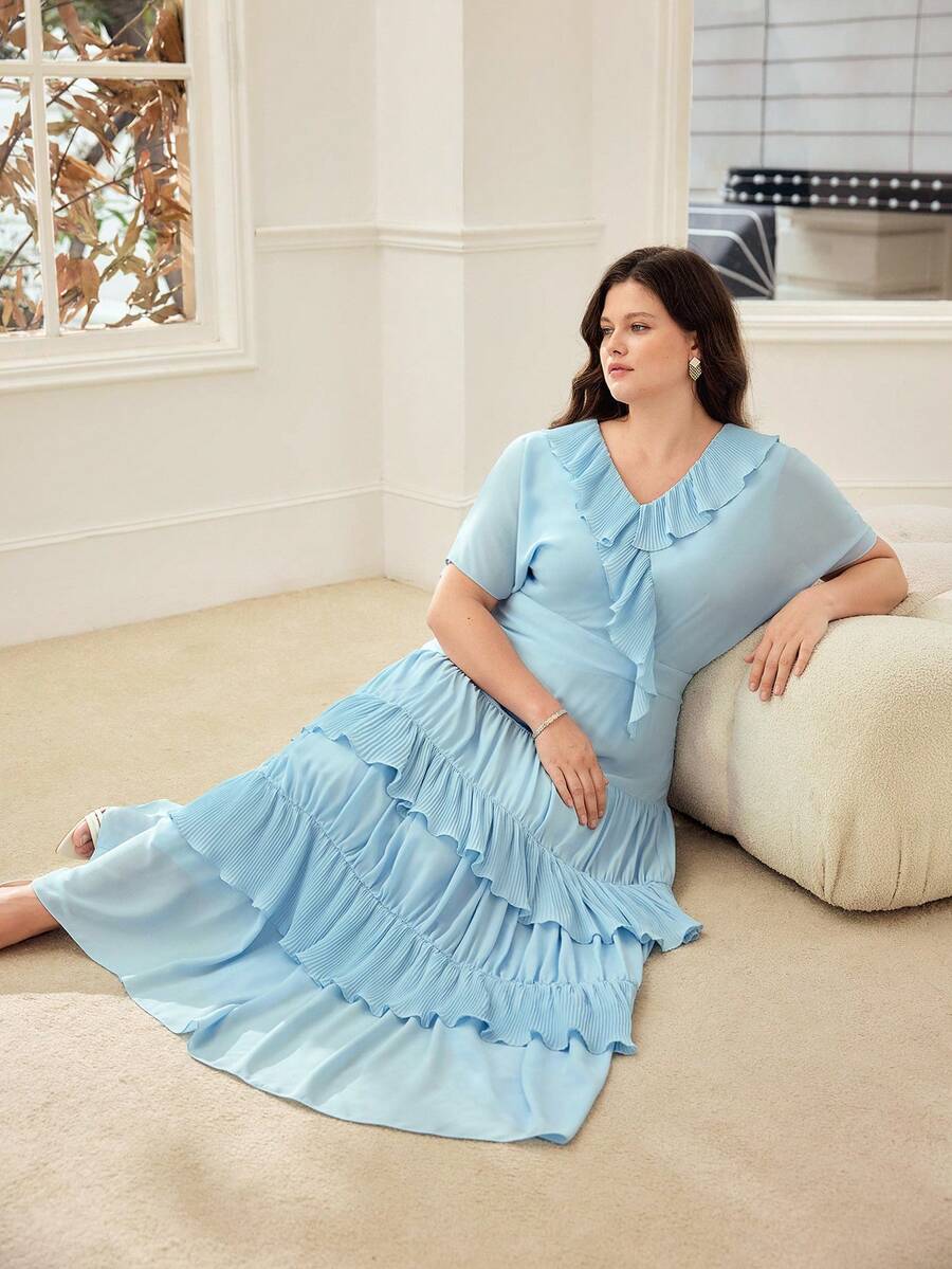PREMIUM PLUS SIZE WOMEN'S ROMANTIC RUFFLE HEM DRESS, SPRING/SUMMER - Blue - View 2