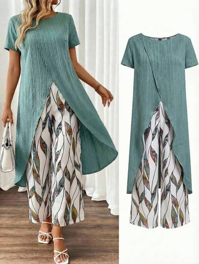 SHEIN Clasi Spring Women's Pink Floral Print Top With Short Front And Long Back, Paired With Pink Loose Wide-Leg Pants, Plus Size 2-Piece Set, Elegant Daily Romantic Outfit