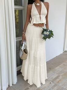 Sunnyshic White Bubble Textured V-Neck Halter Backless Crop Top And High Waist Ruffle Hem Loose Skirt 2 Piece Set, Elegant Romantic Vacation Party Minimalist Casual Daily Wear - Apricot - View 6