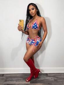 BamGleam Bộ đồ 2 món phong cách Mỹ gợi cảm mùa hè: áo croptop hở lưng buộc cổ và quần short ngắn in họa tiết. - Nhiều màu - Xem 5