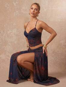 Lumalex 扎染豹纹撞色网纱串珠吊带低腰超高开衩长裙两件套（女款） - 彩色 - 查看 2