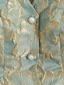 Franclia Áo sơ mi nữ thanh lịch, chất liệu jacquard, viền bèo nhún, cài cúc phía trước, thích hợp cho mùa hè. - xanh quân đội - Xem 3
