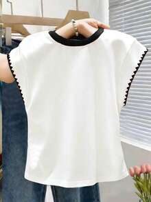 Resyla Áo thun nữ kiểu dáng thường ngày, viền tương phản, thêu họa tiết, thích hợp cho mùa hè. - Nhiều màu - Xem 2