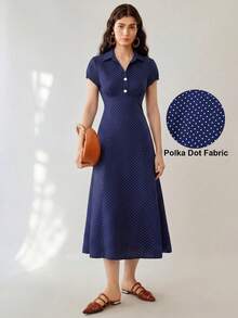 Uhlyne 女士复古V领波点A字连衣裙，修身短袖设计，适合春夏穿着，通勤、约会、派对、感恩节、毕业典礼、婚礼、新年派对等场合，优雅时尚，百搭实用，亦可作为办公室着装。 - 藍色 - 查看 1