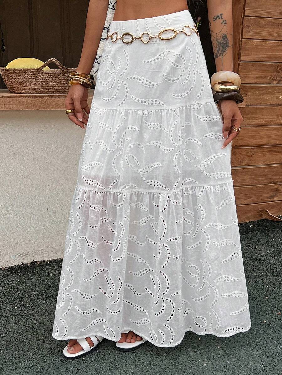 DAZY 白色镂空刺绣沙滩度假休闲半身裙，女士春夏款 - 白色 - 查看 1