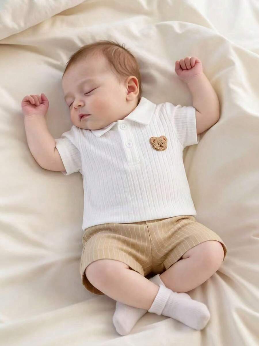 SHEIN Unisex Baby White Ribbed Polo Neck T-Shirt, Suitable For All Occasions In Summer, White All-Match Versatile Is The Best Choice For Baby In Summer - White - View 1
