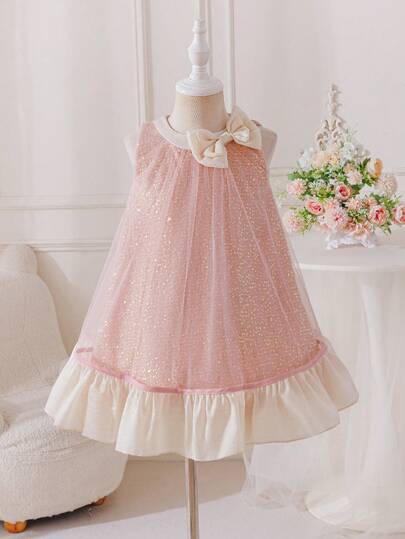 SHEIN Glamorique Kids Young Girls Elegant Charming Sparkly Pink Sleeveless Cute Bow Round Neck Luxurious Party Dress
