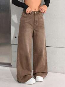 SHEIN Quần jeans ống rộng dáng suông, cạp thấp, túi xéo, phong cách Y2K dành cho nữ tuổi teen, thời trang đường phố. - Cà phê nâu - Xem 5