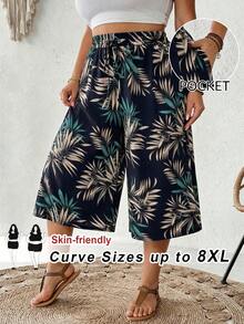 SHEIN CURVE+ Plus Size Elastic Waist Wide Leg Capri Pants Beach Outfits For Woman Plus Size - Multicolor - View 1