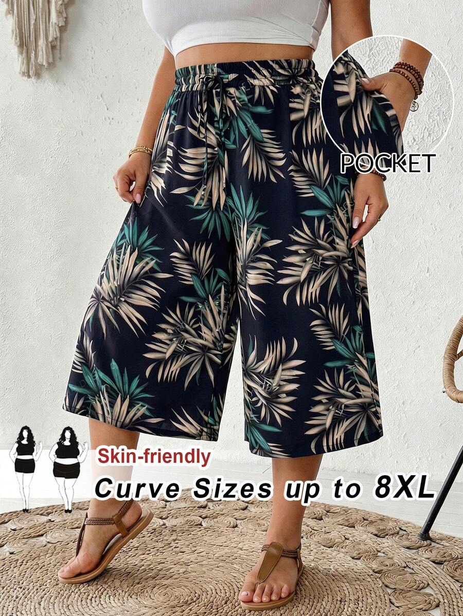 SHEIN CURVE+ Plus Size Elastic Waist Wide Leg Capri Pants Beach Outfits For Woman Plus Size - Multicolor - View 1