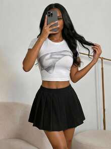 SHEIN PETITE 音乐节性感夜店风学院风迷你百褶裙 - 黑色 - 查看 2