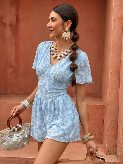 Selianne Bộ jumpsuit nữ màu xanh nhạt, cổ chữ V, tay ngắn, chất liệu jacquard, dáng rộng, ôm eo tôn dáng, thích hợp cho đi làm hàng ngày, mua sắm, ăn uống, hẹn hò vào mùa hè.