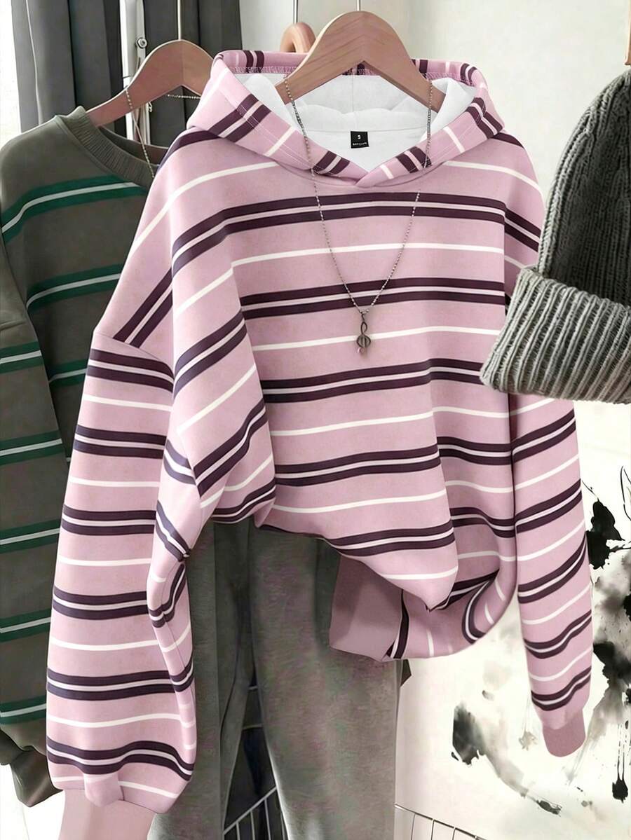 Sudadera con estampado de rayas asimétrico rosa de estilo minimalista casual y estilo universitario, versátil para principios de primavera - Multicolor - Ver 1