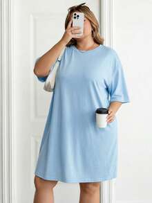 SHEIN CURVE+ Đầm ngắn tay cổ tròn dáng rộng thoải mái, thích hợp cho mùa hè. - Màu xanh lam - Xem 3