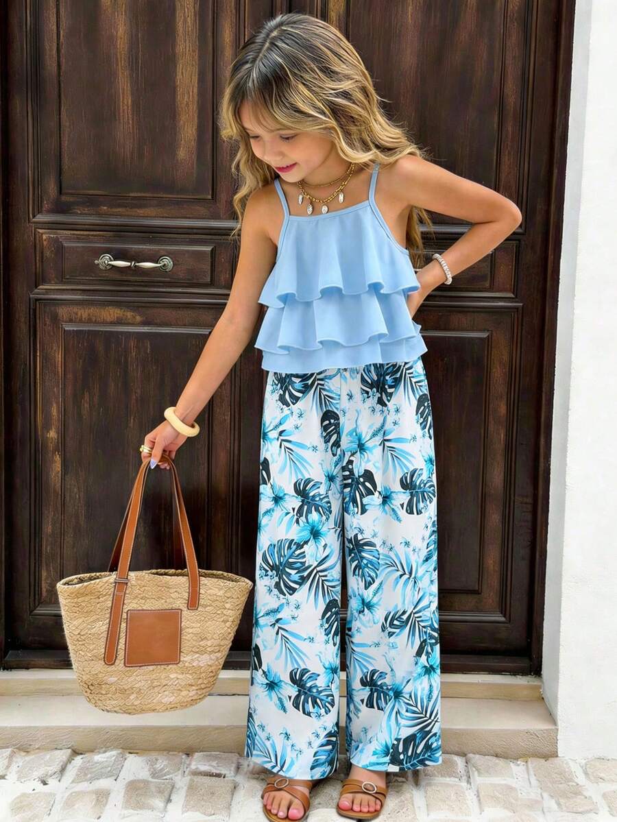SHEIN Sparklyn Tween Girls Vacation Set, Layered Ruffle Camisole + Floral Print Wide Leg Pants, Elegant For Daily Outing, Beach Trip, Photo Shoot - Blue - View 1