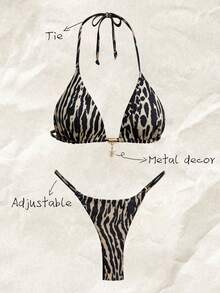 Elavelle Women's Halter Tie Back Zebra Stripe Thong Bikini Set Multicolor Fabric - Multicolor - View 1