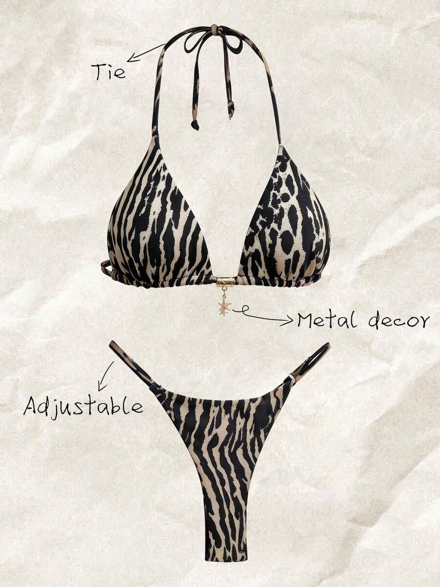 Elavelle Women's Halter Tie Back Zebra Stripe Thong Bikini Set Multicolor Fabric - Multicolor - View 1