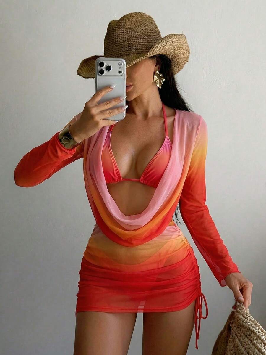 Swim SXY Bộ đồ bơi 4 món dành cho nữ: Áo hai dây hở lưng, áo sơ mi buộc dây bên hông, quần bơi buộc dây bên hông, chân váy ngắn buộc dây bên hông - Bộ bikini gợi cảm. - Nhiều màu - Xem 1