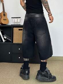 STEELVANCE 男士休闲街头时尚复古百搭铆钉猫须刺绣宽松阔腿牛仔短裤 - 黑色 - 查看 6